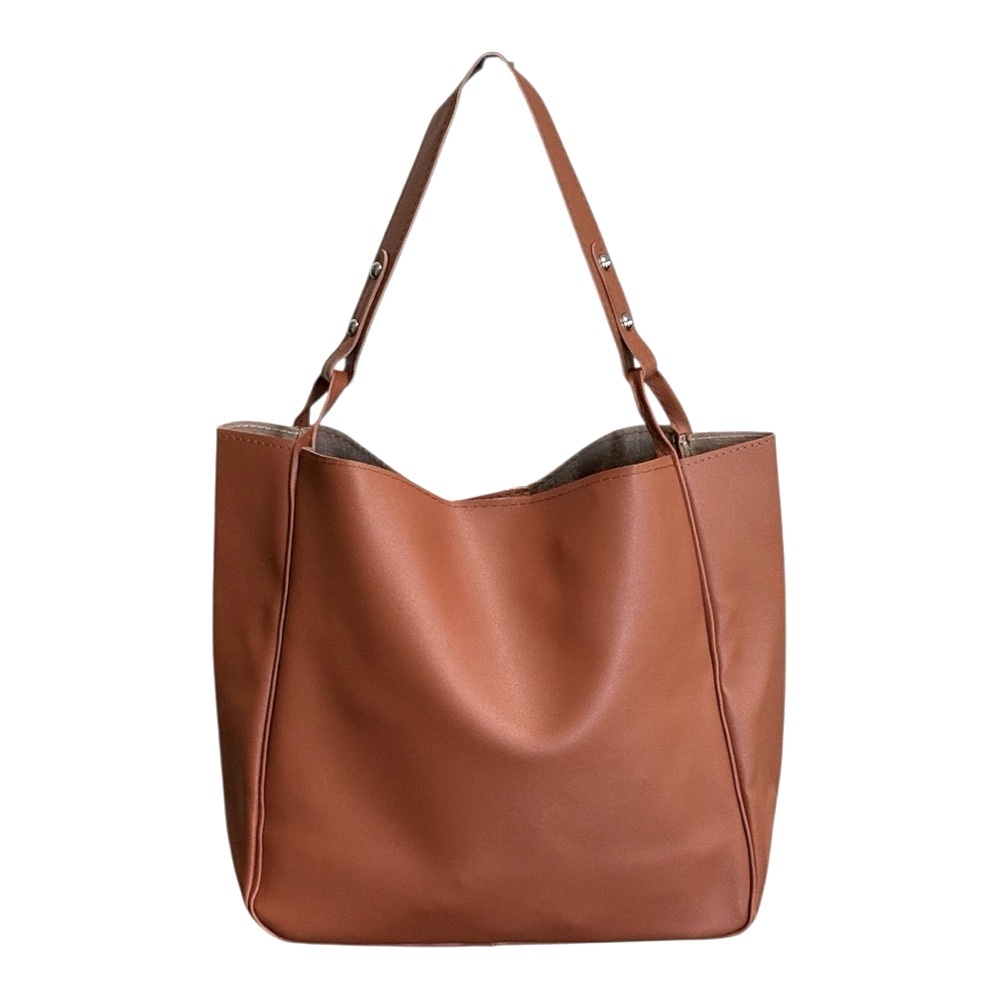 Simple Vegan Leather Travel Tote Bag! Camel Brown - Picture 6 of 7